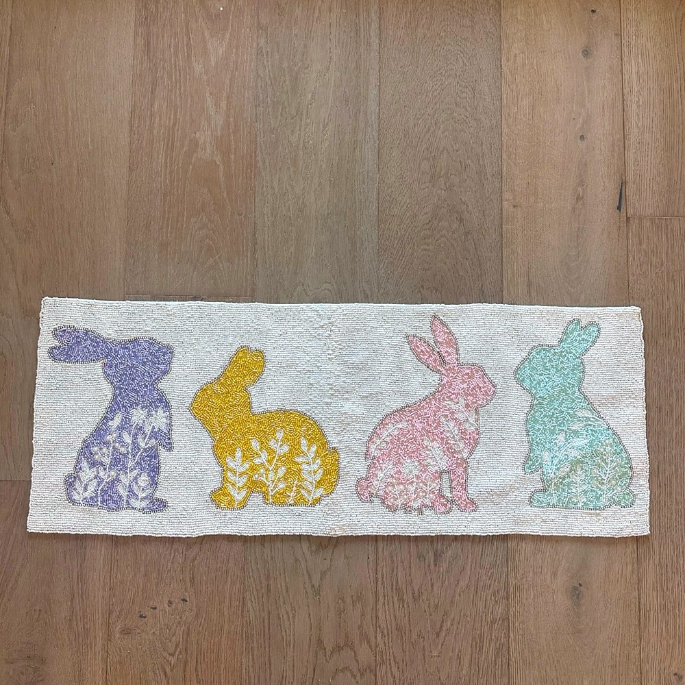 Pastel Hand Beaded Floral Easter Bunny Table Runner 13x36 Rabbits Pearls Silver